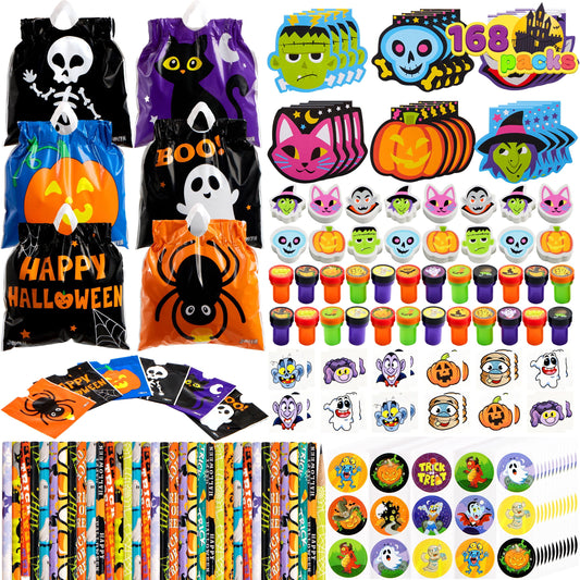 168 Packs Halloween Stationery Party Favors,Halloween Gifts for Kids,Halloween Goodies Including Halloween Trick or Treat Bags,Notepads,Stamps,Pencils,Stickers and Tattoos